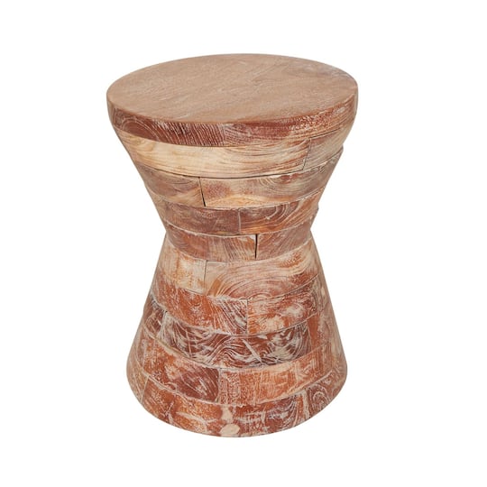 18.5" Brown Teak Wood Handmade Hourglass Accent Table with Stacked Wood Pieces